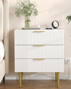 Akxomel Fluted Nightstand Side Table with Charging Station White Bedroom | 3 Drawer Nightstand with Charging Station, Modern Bedside Table, 15.7"D x 23.2"W x 27.5"H, for Bedroom