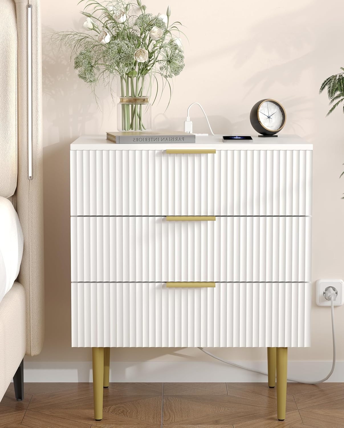 Akxomel Fluted Nightstand Side Table with Charging Station White Bedroom | 3 Drawer Nightstand with Charging Station, Modern Bedside Table, 15.7"D x 23.2"W x 27.5"H, for Bedroom