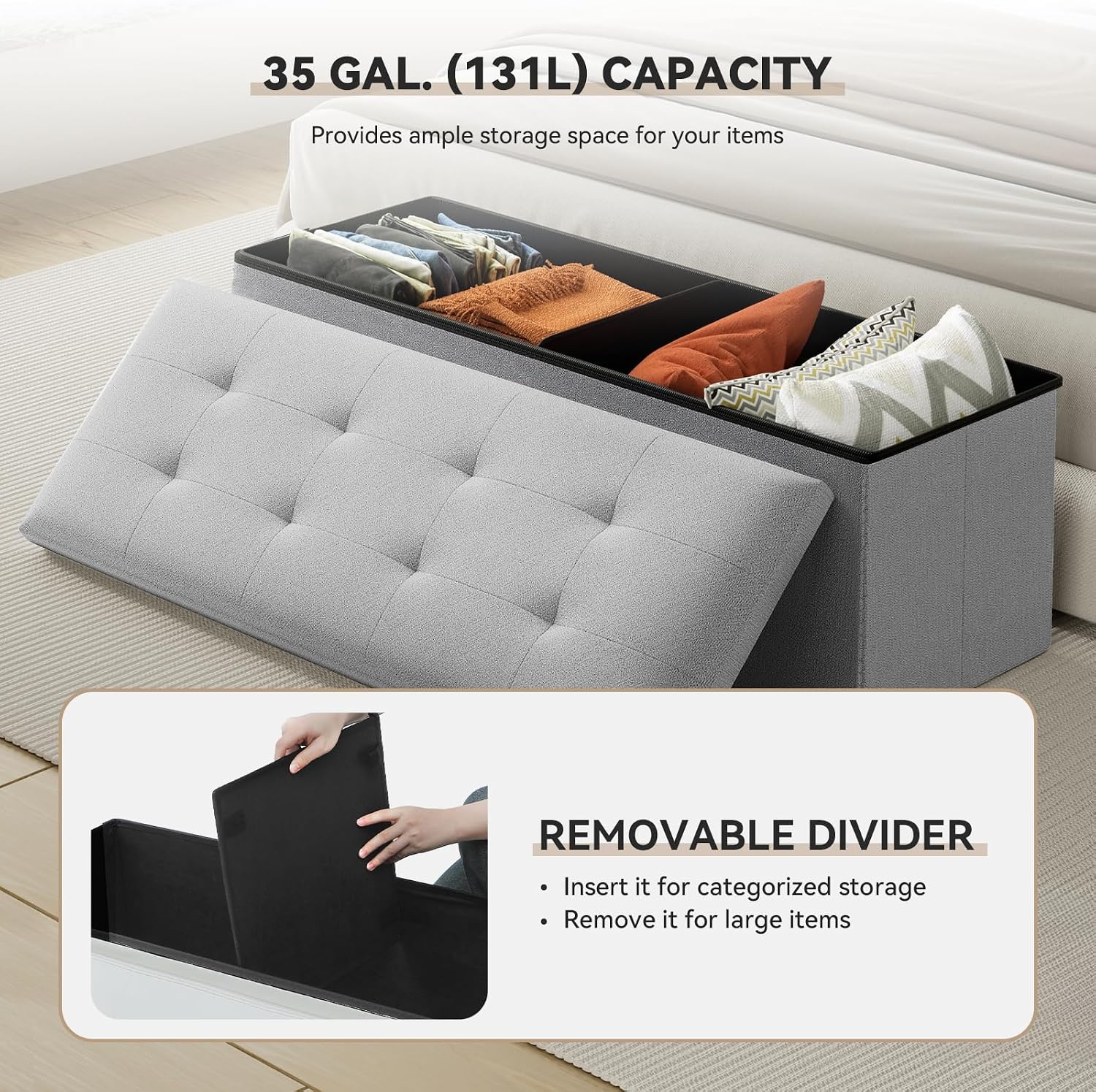 Storage Ottoman Bench, 43 Inch Ottoman Foot Rest, End of Bed Bench, Storage Chest for Living Room, Bedroom, Entryway, Light Gray