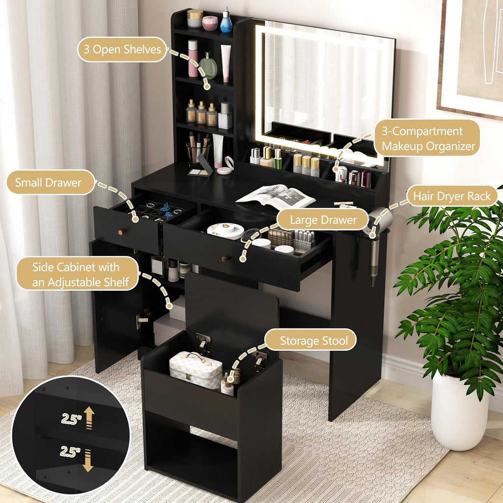 CHARMAID Makeup Vanity Desk with Lighted Mirror & Charging Station, Vanity Table with Storage Stool, Drawers, Cabinet & Shelves, LED Mirror with 3 Color Lights, Dressing Table for Bedroom (Black)