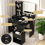 CHARMAID Makeup Vanity Desk with Lighted Mirror & Charging Station, Vanity Table with Storage Stool, Drawers, Cabinet & Shelves, LED Mirror with 3 Color Lights, Dressing Table for Bedroom (Black)