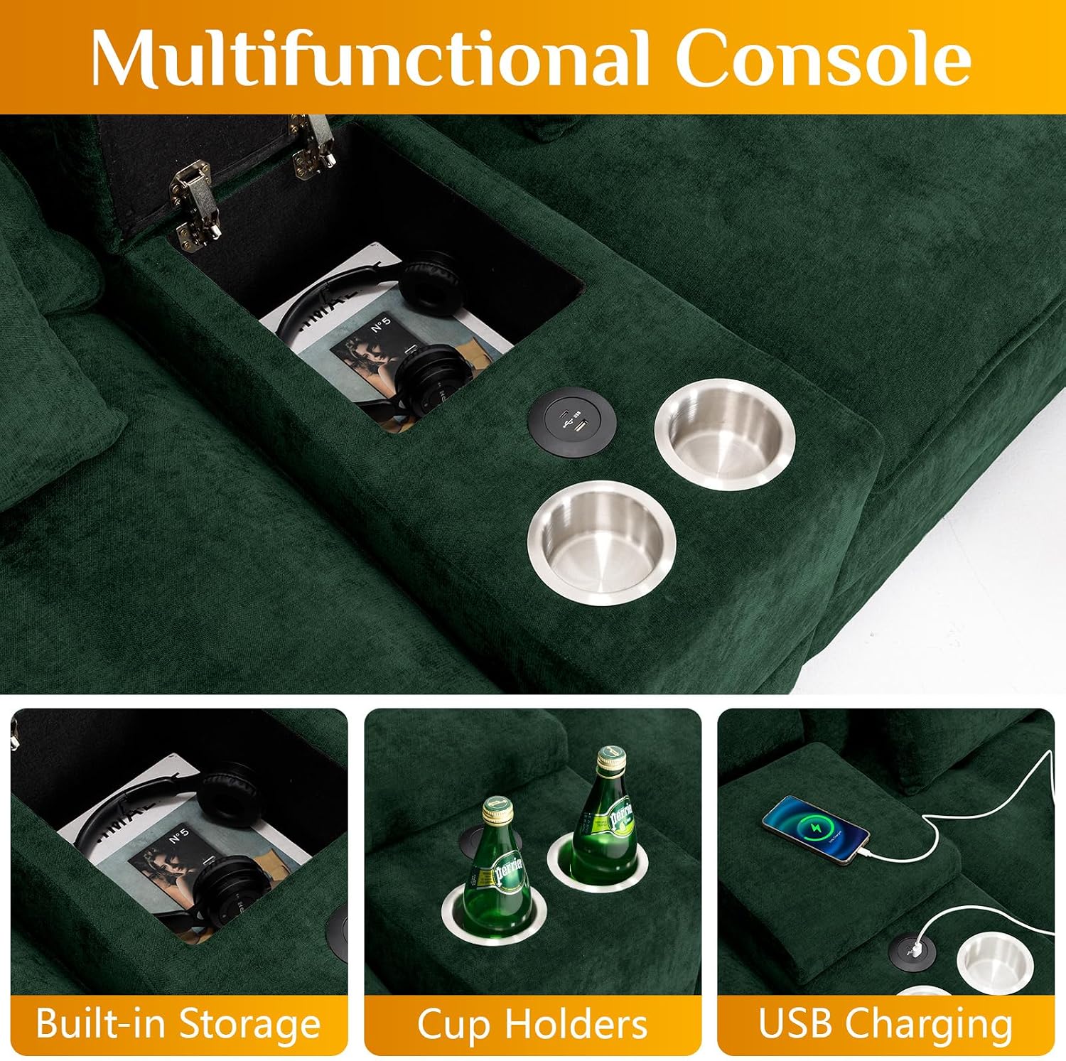 Wrofly 128" U-Shaped Sectional Sofa w/USB, Cup Holders & Ottoman, Green | Green velvet sofa w/gold legs, modular U/L convertible, USB, cup holders, storage console, ottoman, sturdy, easy assembly.