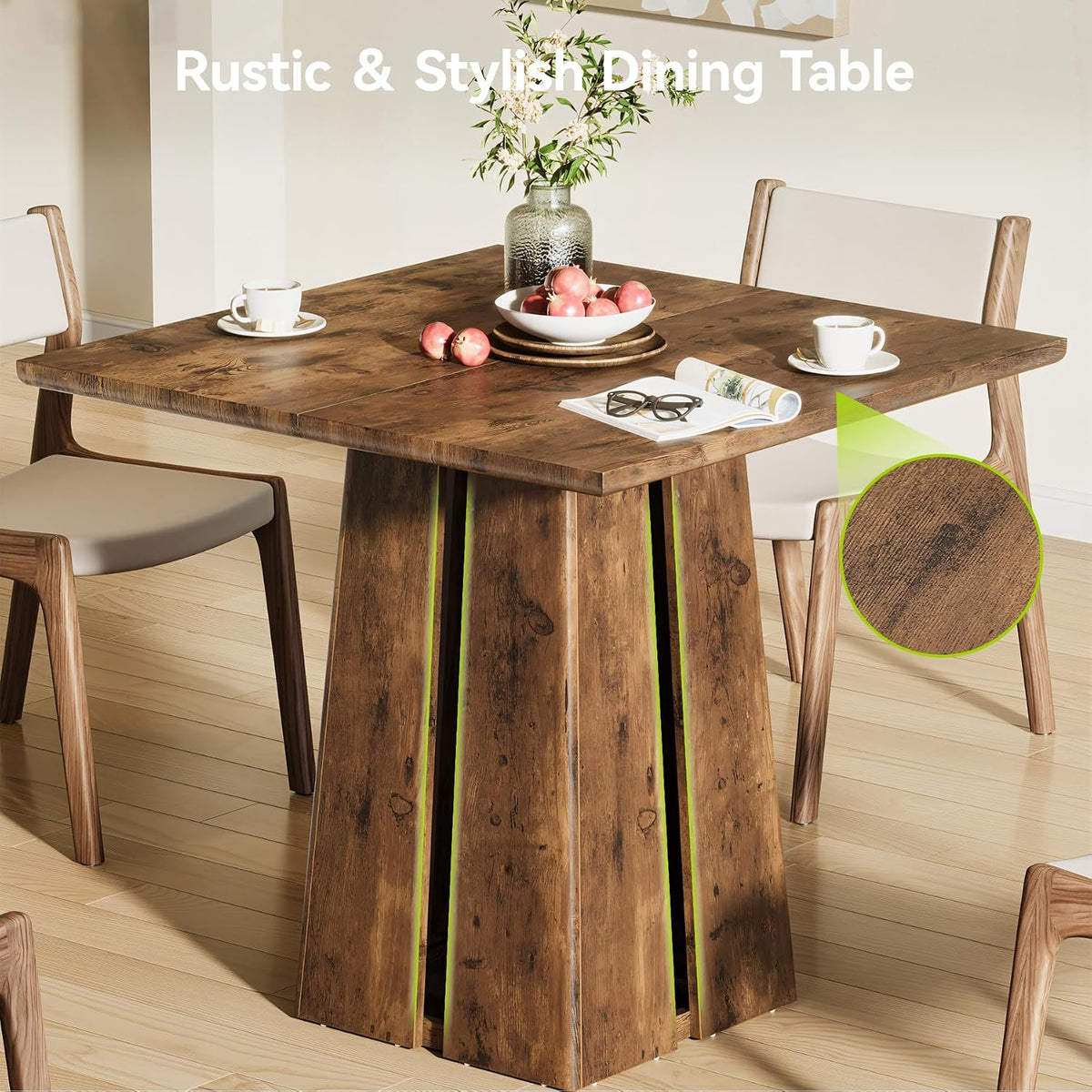 LITTLE TREE Wooden Square Dining Table 4 Sets, 31.5" Farmhouse Kitchen Table with Heavy-Duty Pedestal Base, Dinner Furniture for Dining Room, Living Room, Kitchen (1, Rustic Brown)