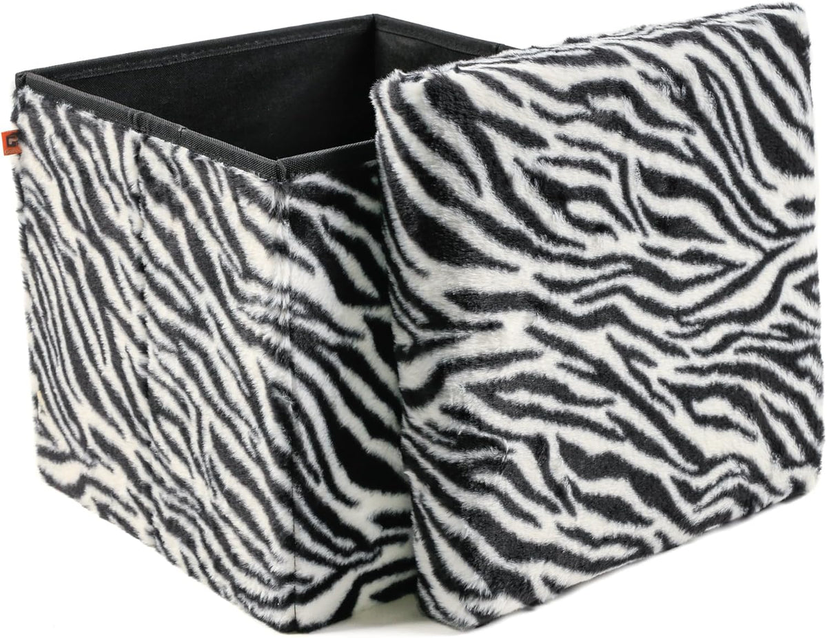 Luxe Faux Fur Storage Ottoman, Zebra Black/White, 15 x 15 x 15 in | Engineered Wood, Tool-Free Assembly, Modern Style, Seat And Footrest