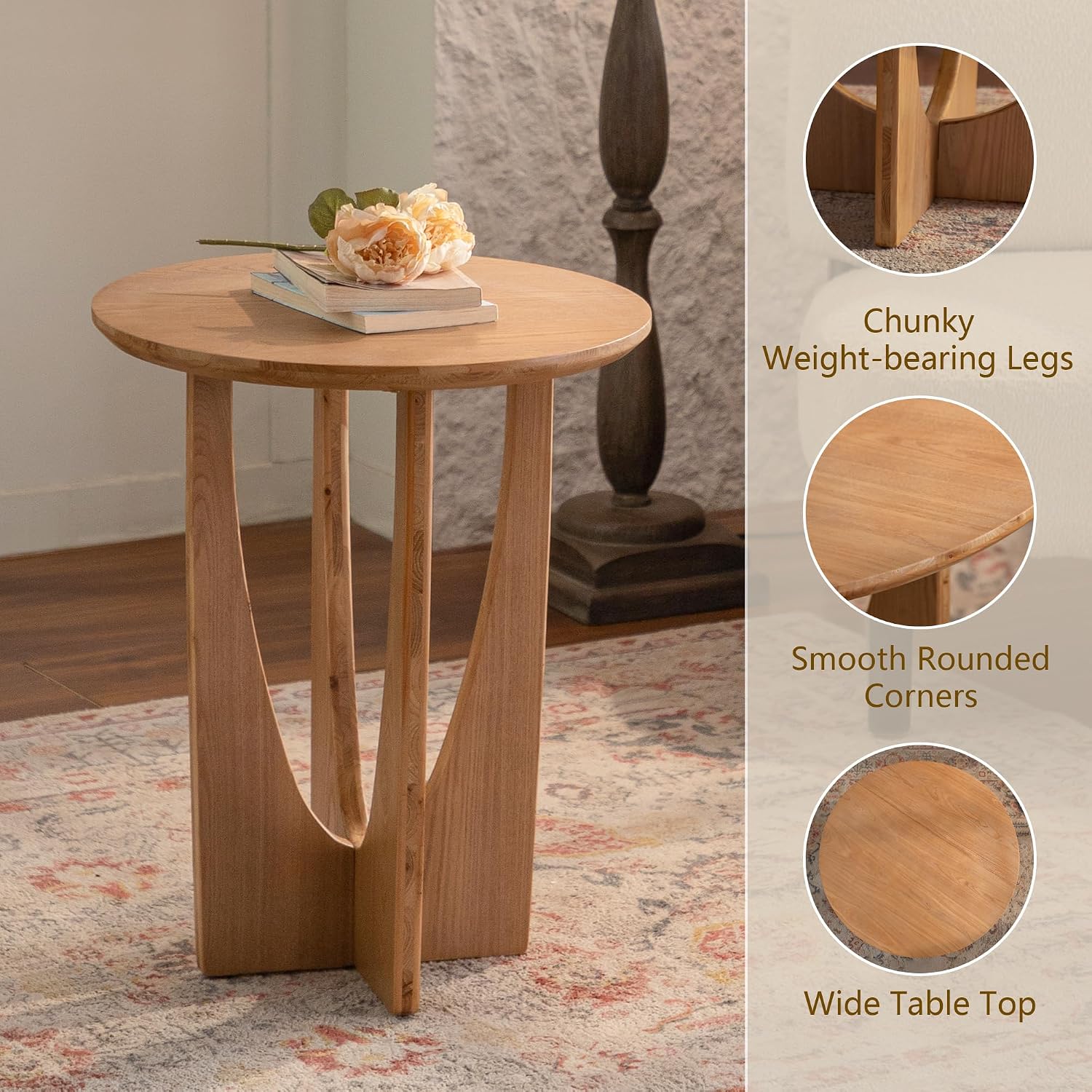 Wood Side Table, Modern Round End Table with Curved Leg, Mid-Century 24.80" Bedside Table for Living Room Bedroom Office