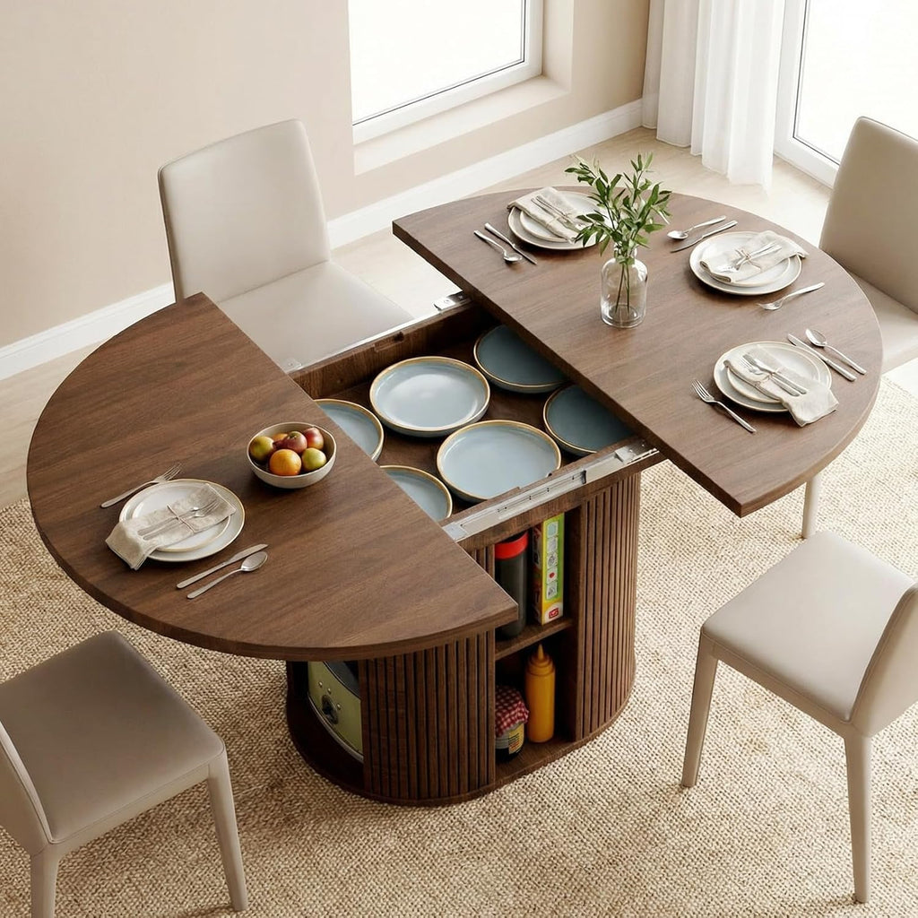 43.3''–59'' Extendable Round Dining Table for 4–8, Modern Wood Oval Kitchen Table with Storage Shelf, Space-Saving Expandable Circle Dinner Table for Dining Room or Living Room (Walnut)