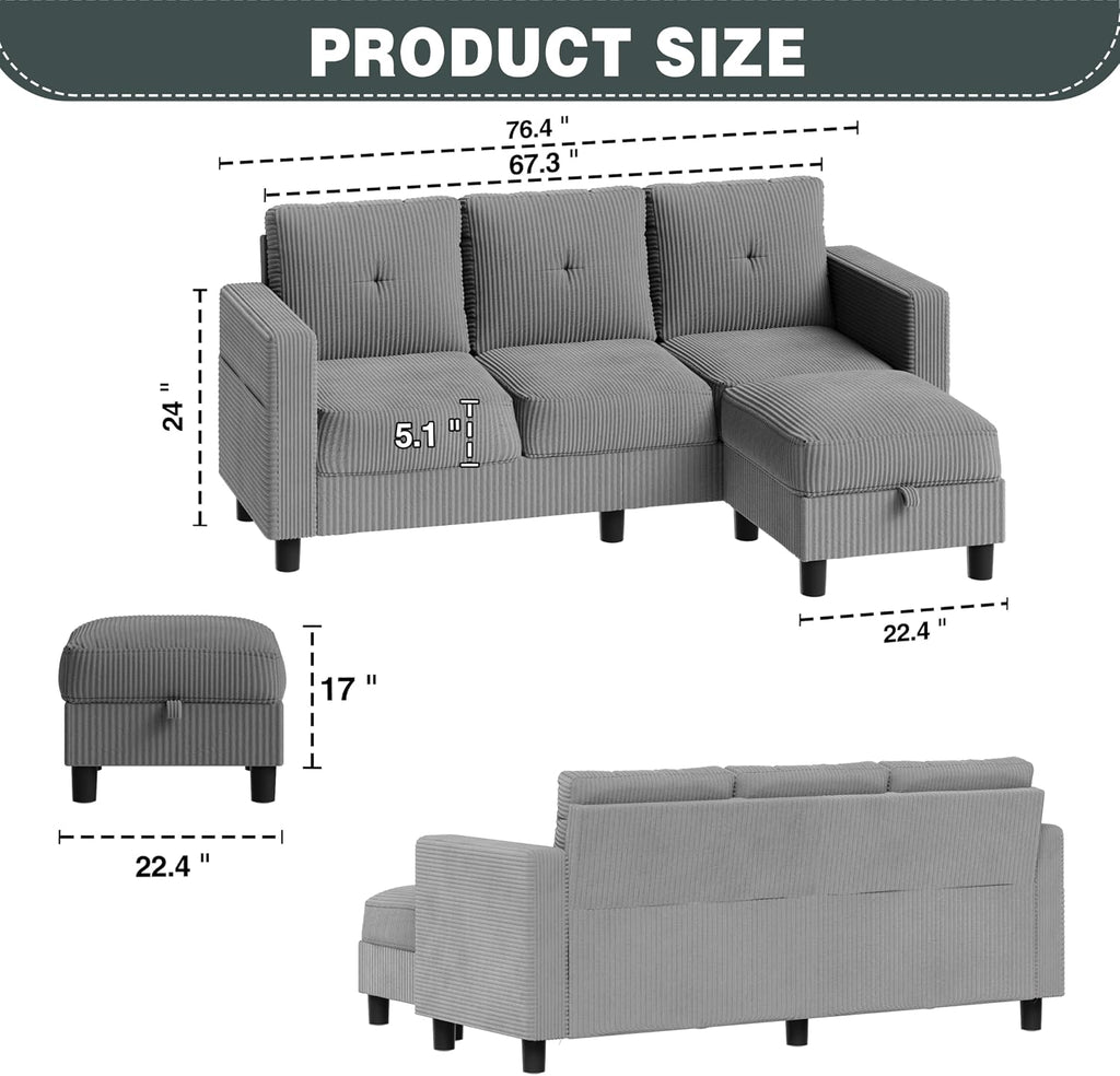 SUNLEI Convertible Sectional Sofa for Small Spaces, L Shaped Modular Sofa with Reversible Chaise & Ottoman Storage, 3 Seat Modern Small Couches for Living Room in Apartment, Linen Fabric, Greige