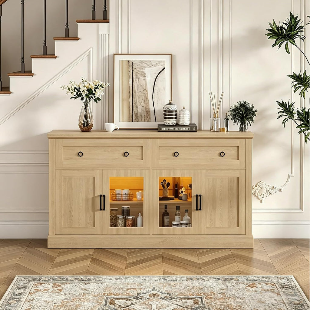 63'' Sideboard Buffet Cabinet with Storage, Modern Storage Cabinet with Outlets & LED Light, 2 Drawers and 4 Doors, Adjustable Shelves, Coffee Bar Cabinets for Kitchen Living Room, Wood