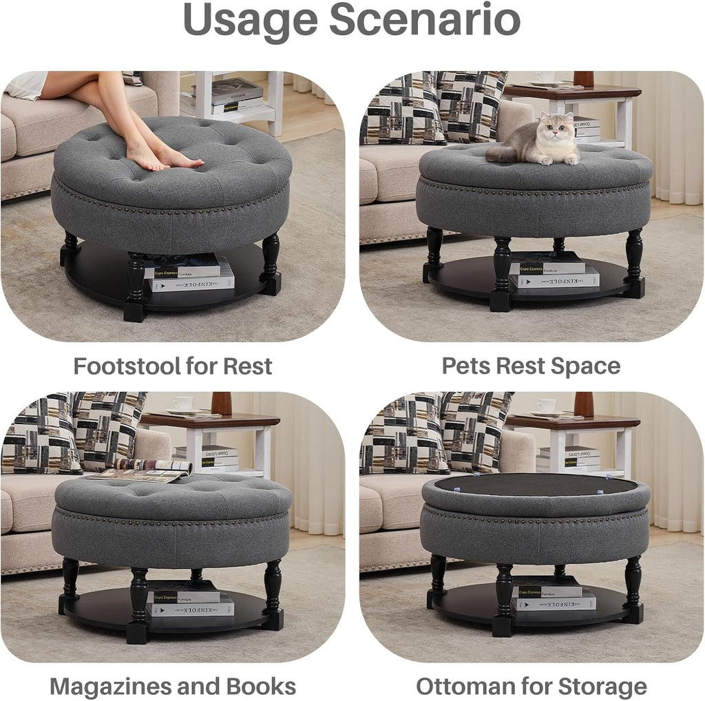 Round Storage Ottoman Coffee Table with Shelf, Fabric Dark Gray | Multi-functional gray tufted fabric ottoman coffee table with hidden storage, bottom shelf & classic nailhead trim