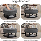 Round Storage Ottoman Coffee Table with Shelf, Fabric Dark Gray | Multi-functional gray tufted fabric ottoman coffee table with hidden storage, bottom shelf & classic nailhead trim