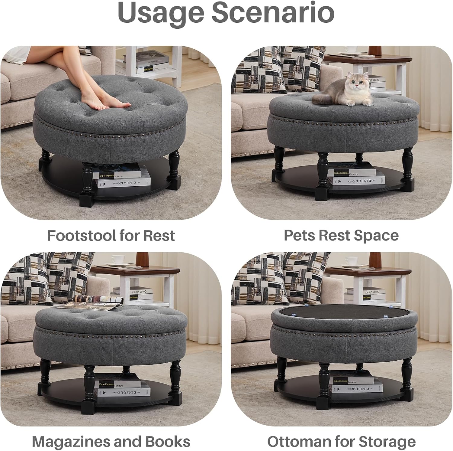 Round Storage Ottoman Coffee Table with Shelf, Fabric Dark Gray | Multi-functional gray tufted fabric ottoman coffee table with hidden storage, bottom shelf & classic nailhead trim