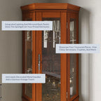 BELLEZE Lighted 3-Side Glass Display Curio Cabinet w/Tempered Glass Doors and Shelves, Accent Wooden Corner Cabinet with Bulb, Corner Storage Decoration Rack for Living Room
