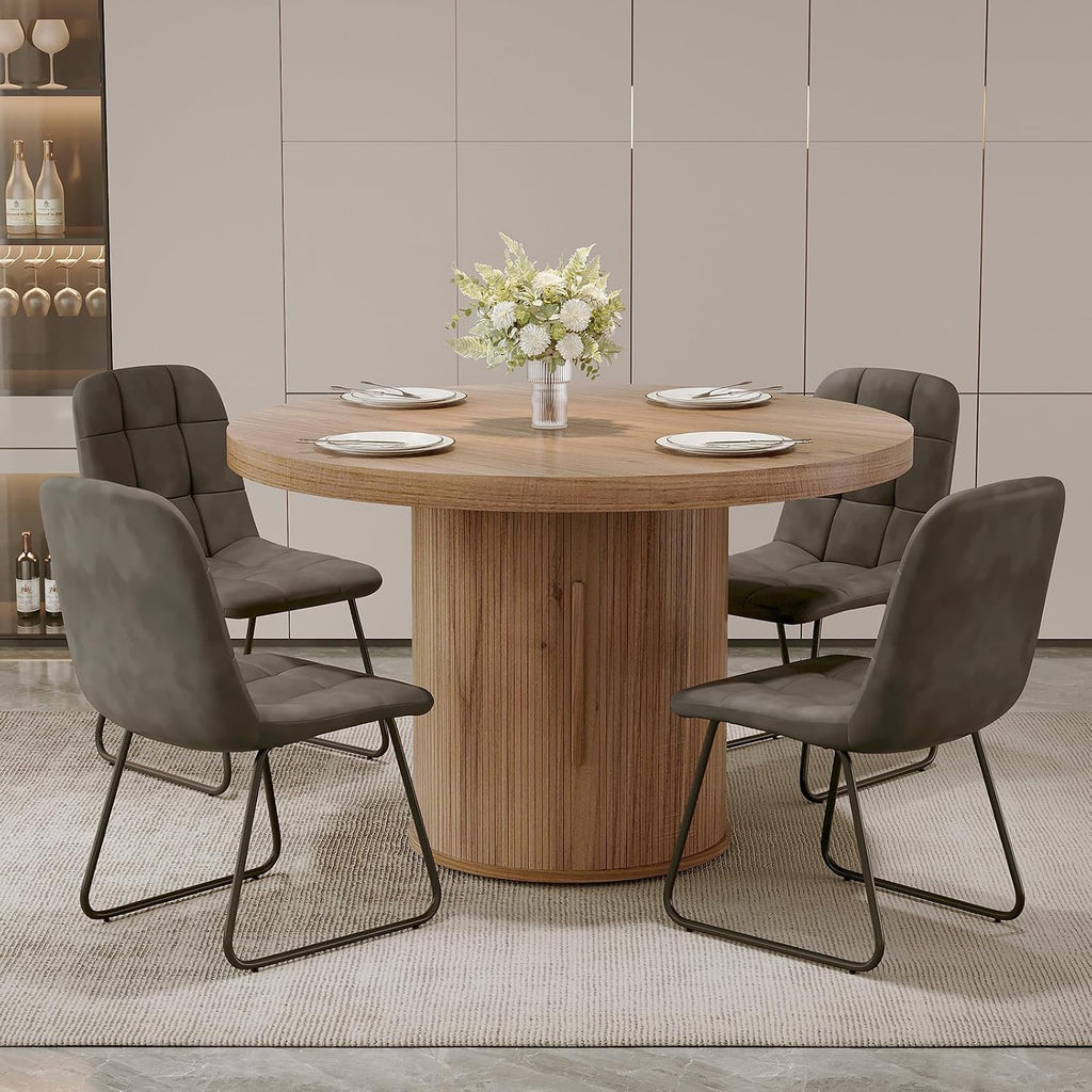 5-Piece Dining Set for Small Spaces 43.3" Round Table & 4 PU Leather Chairs, Modern Farmhouse with Storage Shelf, Apartment Kitchen Easy Assembly (Walnut Color Round Table + 4 U-Shaped Gray Chairs)
