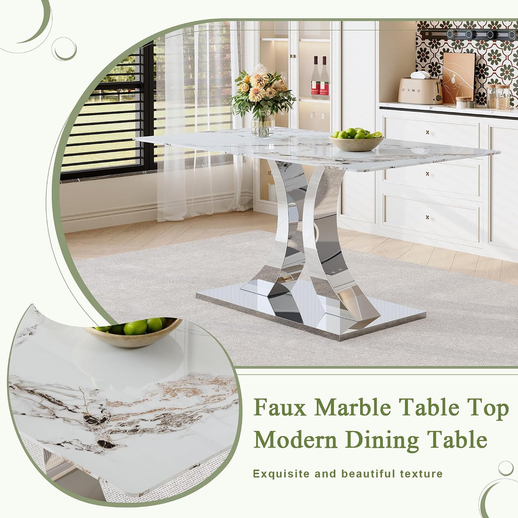 Modern Dining Table Set for 6,63'' Dining Room Table Set for 6 with Chairs,Rectangular Kitchen Table with Faux Marble Tabletop and DIY Chrome Legs,Glass Dining Table Set Ideal for Dining Room