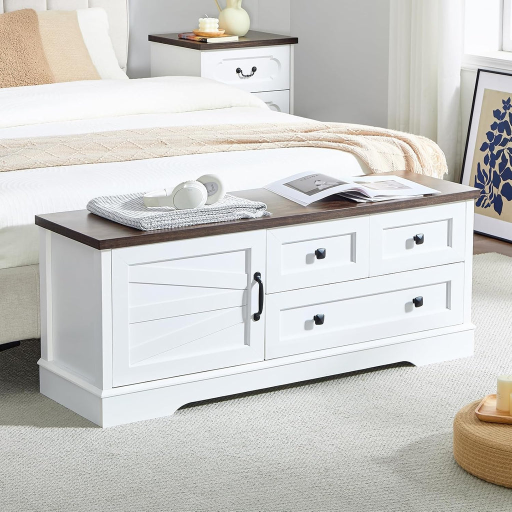 SOOWERY 48 Inch End of Bed Storage Bench, Farmhouse Bed Bench with Drawers and Cabinet, Rustic Shoe Storage Bench for Entryway, Bedroom,Living Room, White