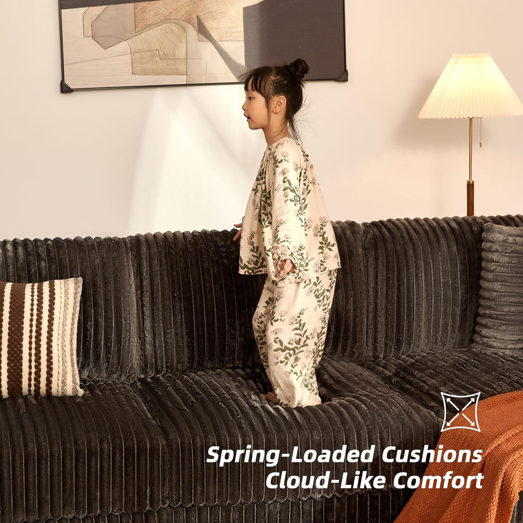 GOSUHI 139" U-Shaped Cloud Couch, Modular Sectional, Deep Seats, Grey | Pocket Spring Cushions, Oversized 7-Seater, Left Facing Chaise, Corduroy Upholstery Couches for Living Room