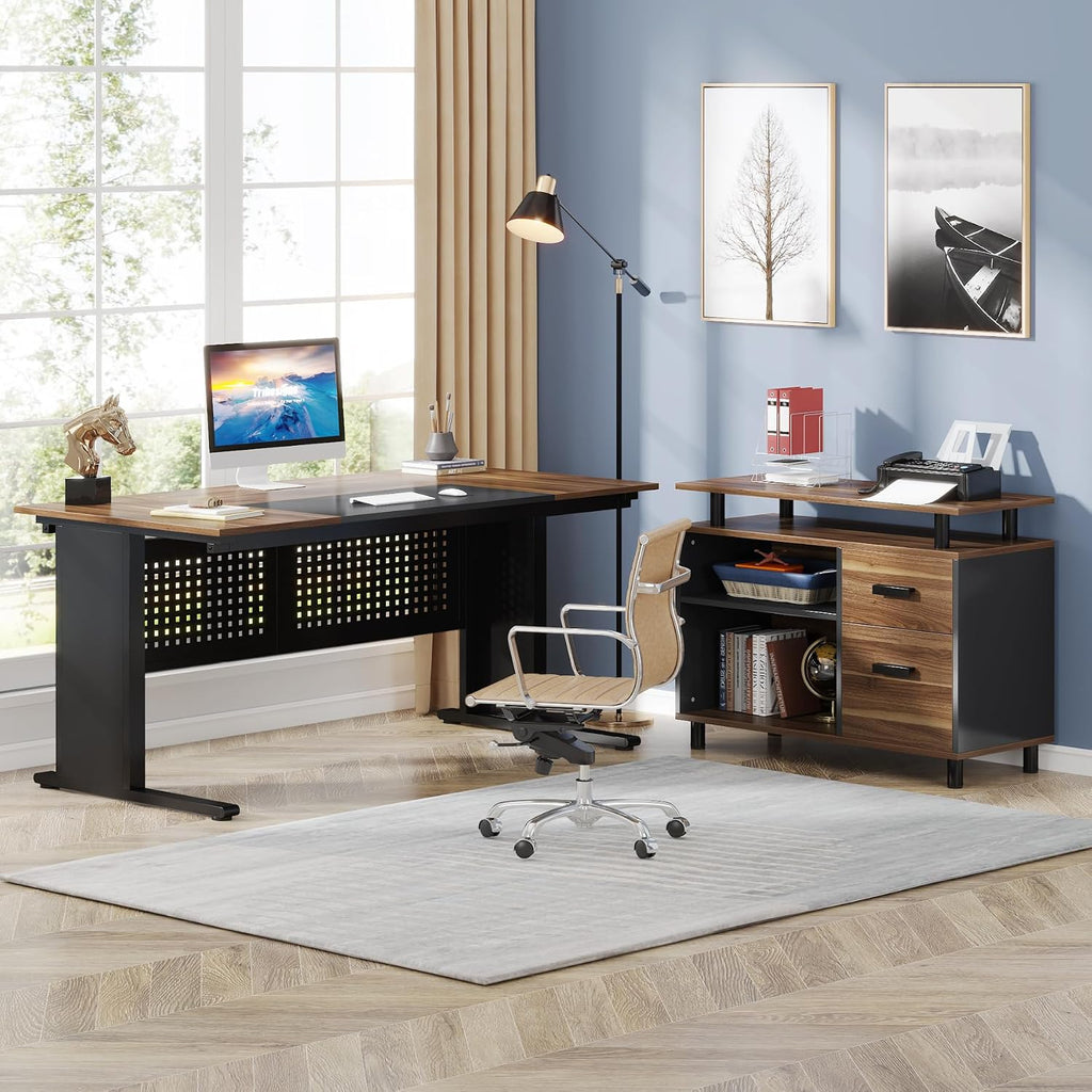 Tribesigns 63 Inch Executive Desk with Filing Cabinet, L Shaped Office Desk | Large Office Desk with File Drawer, L Shaped Desk with Storage, Computer Desk for Home Office, Easy Assembly, Brown and Black