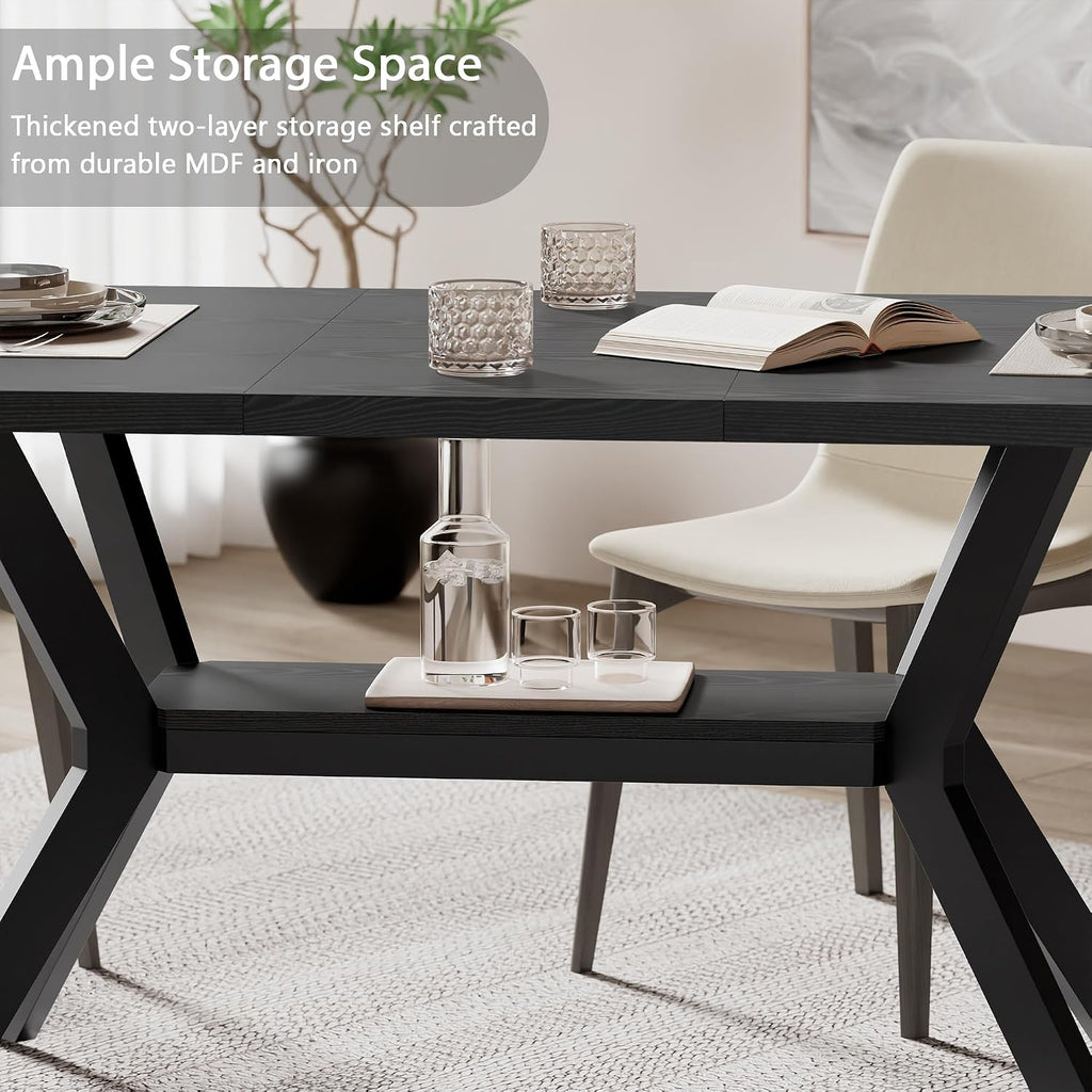 MECHYIN Extendable Dining Table for 4-8, 55-71 in, Storage Shelf, Black | Flip Leaf Stores Under Top, No-Gap Metal Connectors, Chairs Tuck Under Pedestal Base, Wood-Grain MDF Top, Fits Apartments