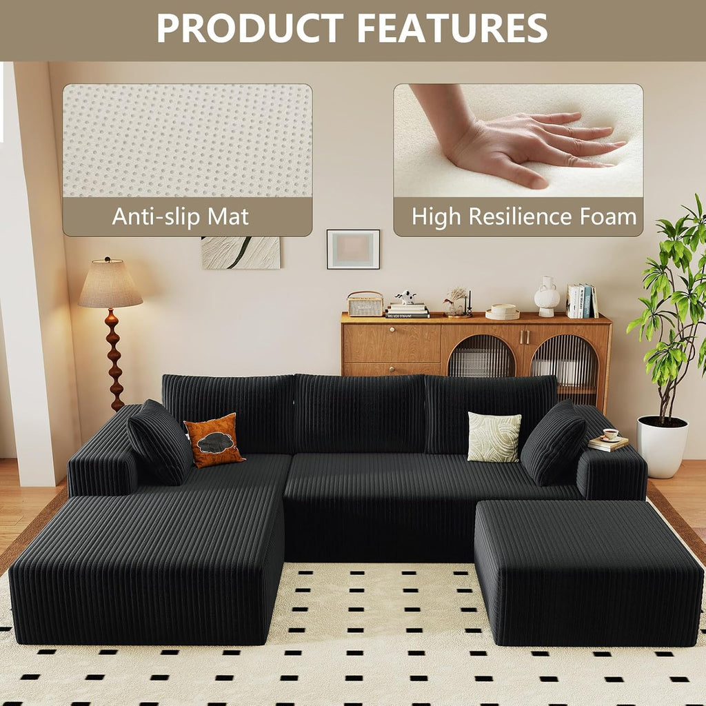 96" Cloud Sectional Couch with U-Shaped Chaise, Corduroy Sectional Sofa with Ottoman, Couch with Deep Seat in a Box for Living Room, No Assembly Required (Black, Left Facing Chaise)