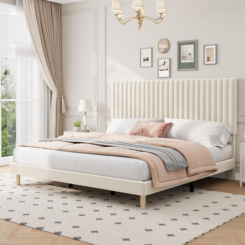 GAOMON King Size Bed Frame, Velvet Upholstered Platform Bed, Beige