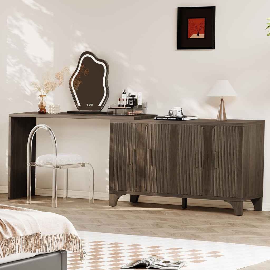 Mid Century Modern Fluted Buffet Cabinet with Storage, Accent Sideboard and Credenza Storage Cabinet with Doors, Wood Coffee Bar Console for Kitchen, Living Room (Dark Brown, 55" 4-Door)