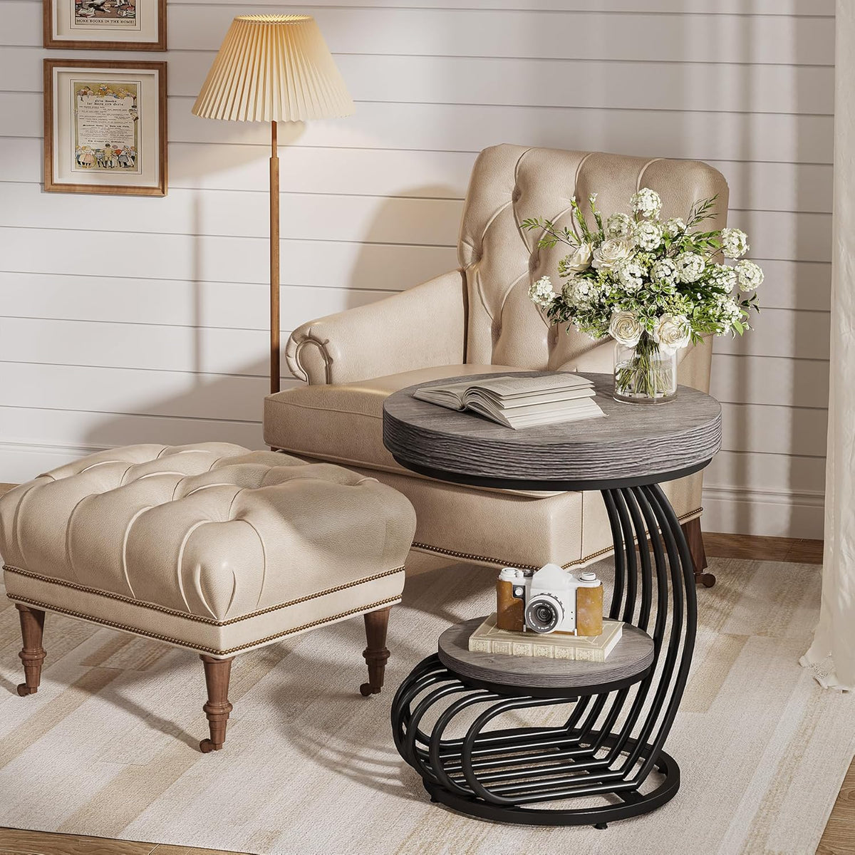 Tribesigns Round End Table, 2-Tier Farmhose Wood Side Table with Shelf Storage, Small Sofa Side Bedside Nightstand, Arc-Shaped Frame Accent Furniture for Living Room, Grey