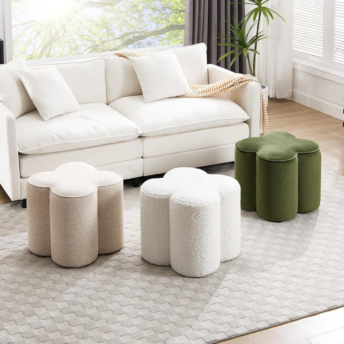 Zesthouse Flower Pouf Ottomans Foot Rest Set of 2, Velvet Fabric Poofy Ottomans Footstool for Sofa Couch, Modern Living Room Stool Seats for Hallway, Cute Square Vanity Stools for Bedroom Dorm, Green