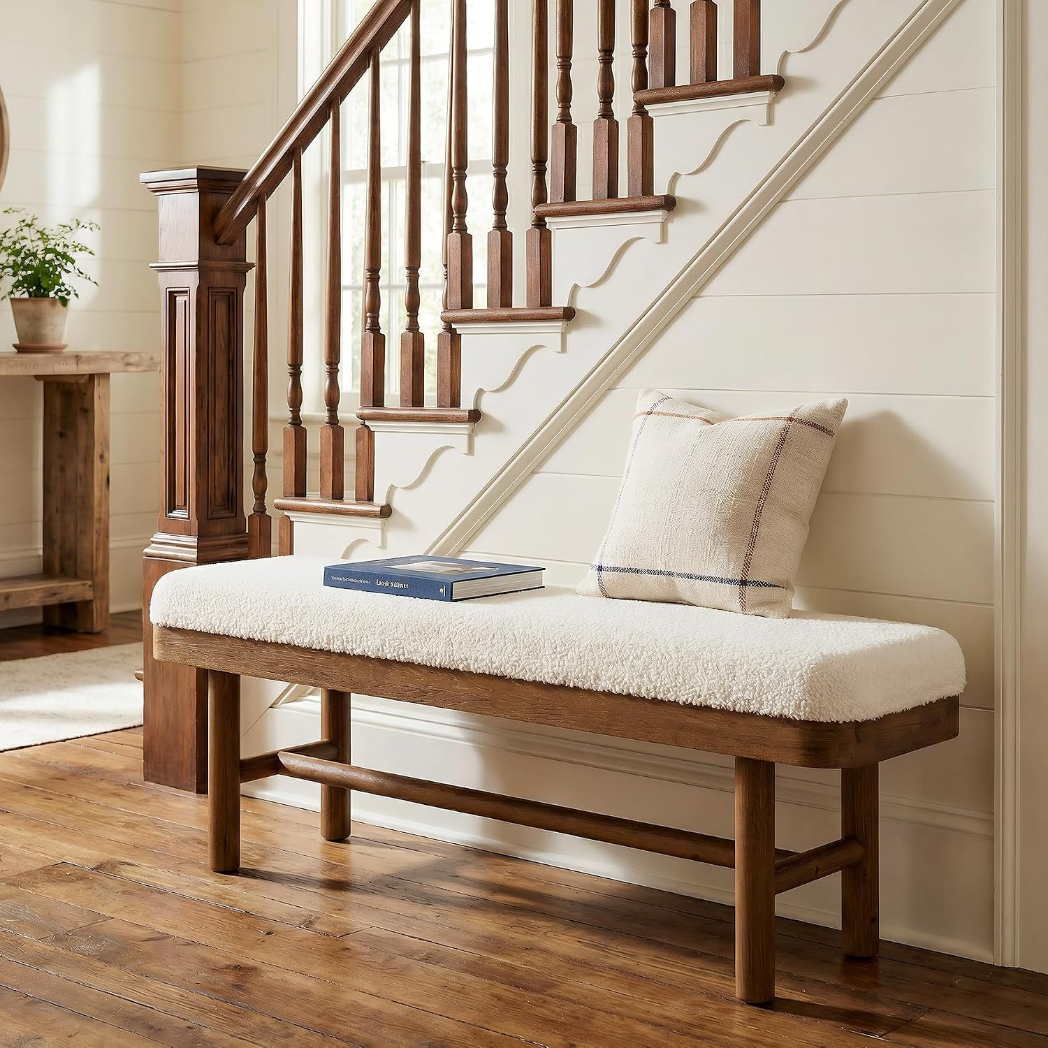 55-Inch Solid Wood Entryway Bench, Rustic Upholstered Bench, Modern Dining Bench with Cushion for Entryway, Dining Room, Mudroom, Porch, Easy Assembly, White & Brown