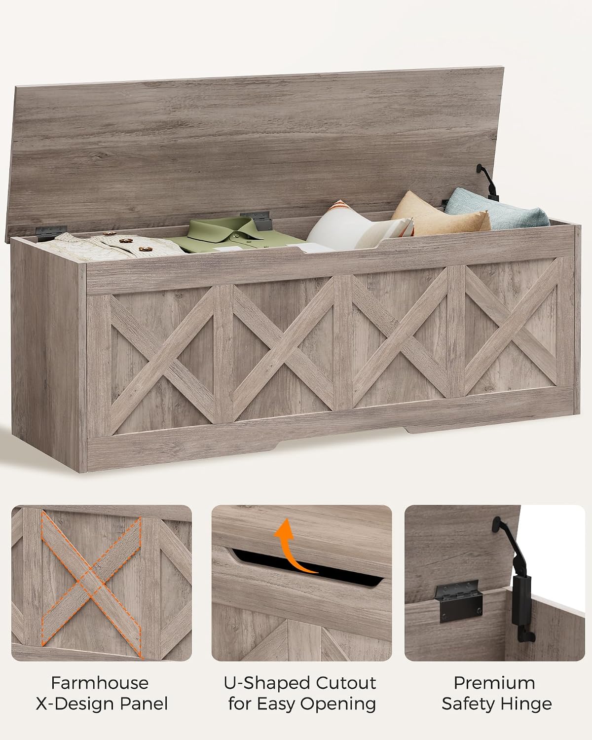 Homleke 47.2" Extra-Large Wooden Storage Chest, Farmhouse Storage Bench | with Safety Hinge, Easy Assembly, for Bedroom, Living Room & Entryway, Greige