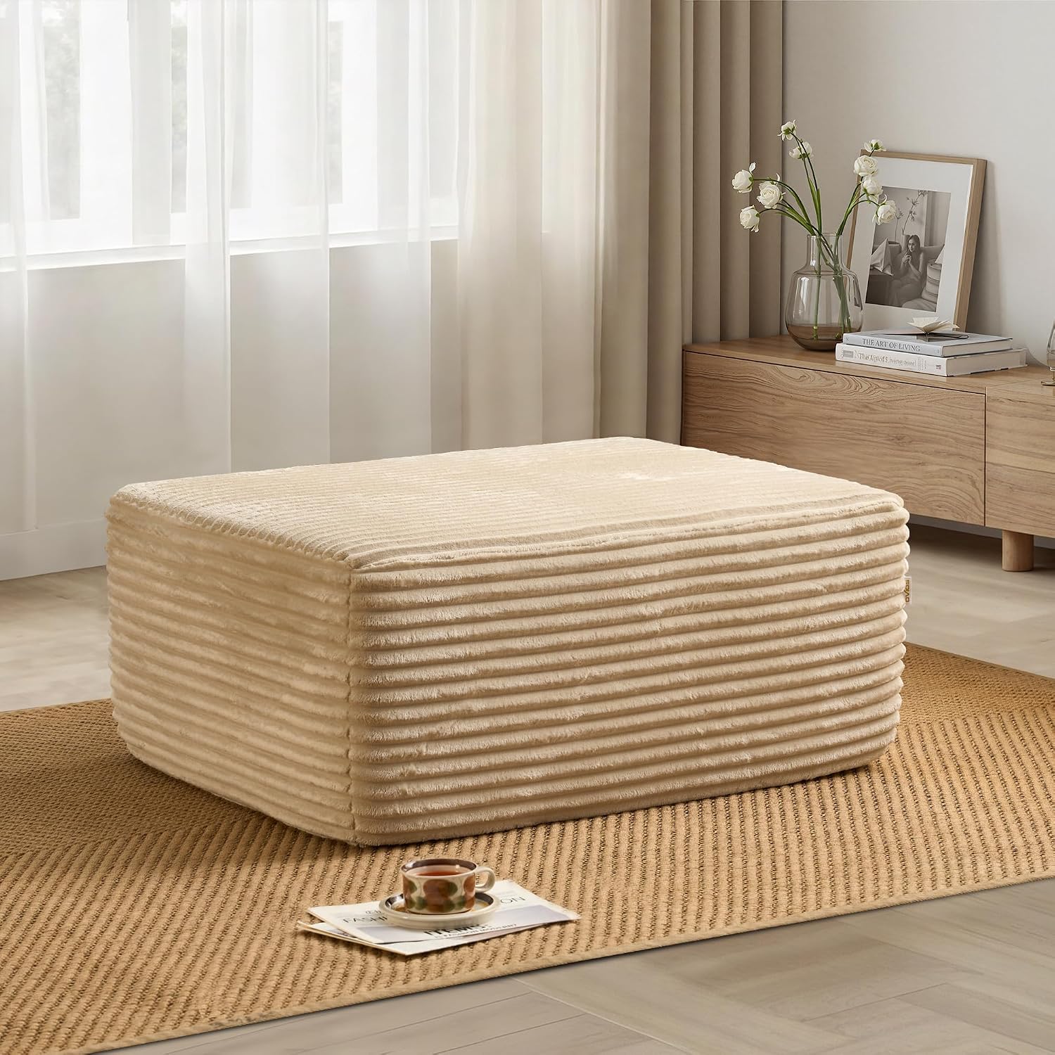 37" Plush Corduroy Ottoman, Upholstered Cloud Ottoman for Couch in A Box, Compressed Memory Foam Footrest No Assembly Require, Beige