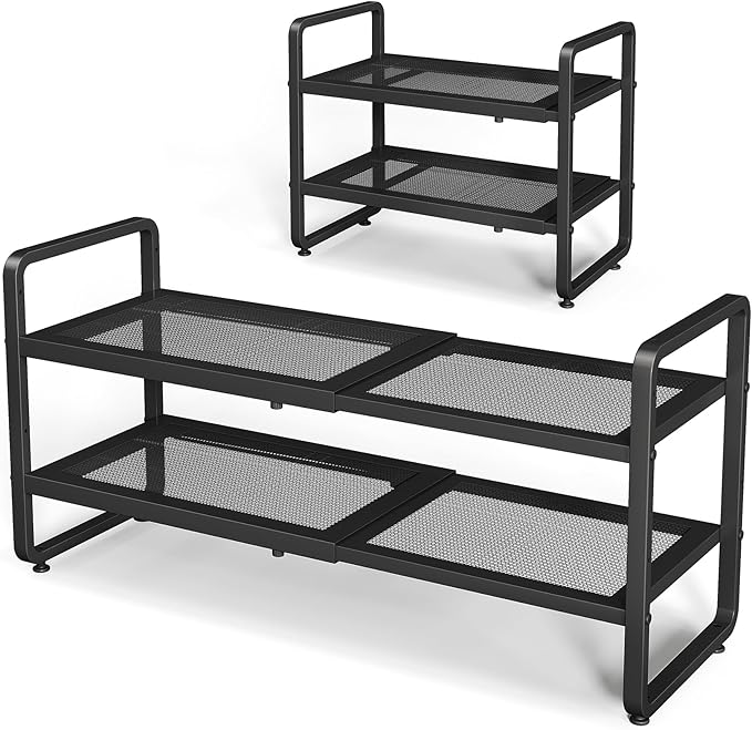 Shoe Rack - Expandable Shoe Organizer for Closet, Adjustable Metal Shoe Shelf Storage, 2 Tier Stackable Long Shoe Stand Holder for Garage, Entryway, Door Entrance, Black