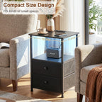LOAKEKEL Nightstands Set of 2, LED Night Stand with Charging Station | Bedside Table with Type-C Outlets & 2 Fabric Drawers, End Tables with Storage Shelf for Bedroom, Small Spaces, Black