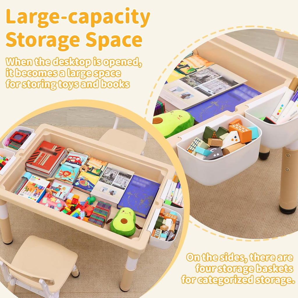 4 in 1 Kids Table and 2 Chairs Set, Large Storage Toddler Table and Chair Set with 4 Side Box, Graffiti/Building Blocks Double-Sided Tabletop, Multi-Functional Children Activity Table