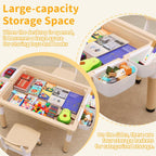 4 in 1 Kids Table and 2 Chairs Set, Large Storage Toddler Table and Chair Set with 4 Side Box, Graffiti/Building Blocks Double-Sided Tabletop, Multi-Functional Children Activity Table