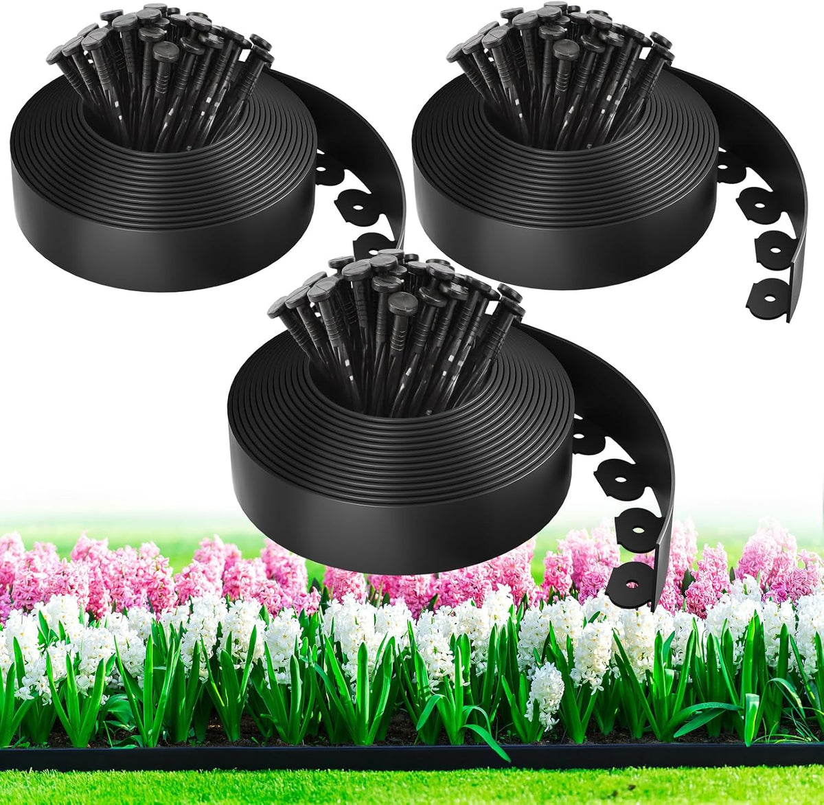 100ft,1.5in Tall Landscape Edging Kit with 150 Spikes, No-Dig Flexible Plastic Edge Border for Landscaping, Lawn, Garden, Flower Beds, Yard, Paver, Playground, Fence, Pathway, Black,3pack, 33ft Each