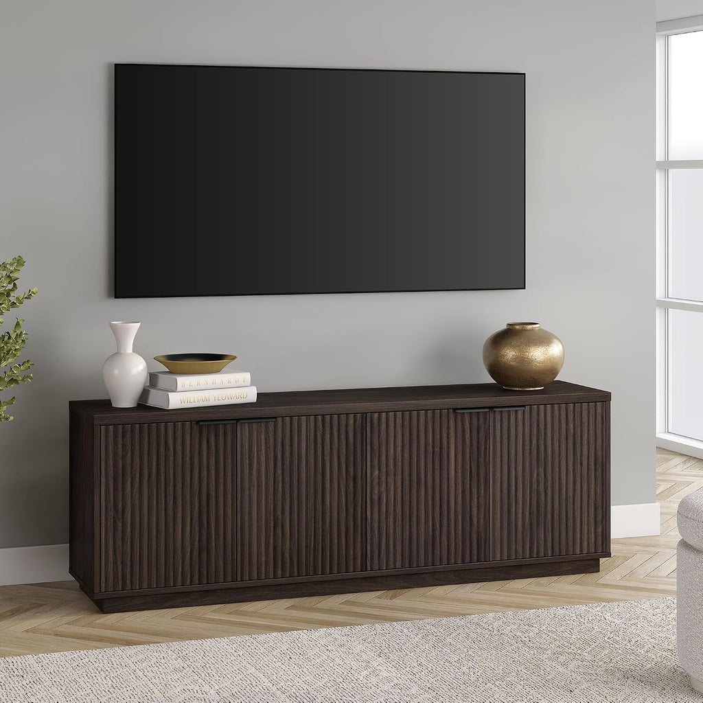 Henn&Hart 70" TV Stand for TVs up to 78", Rich Brown | Elegant ribbed doors, adjustable shelves, and cable cut-outs create stylish, clutter-free storage for any room