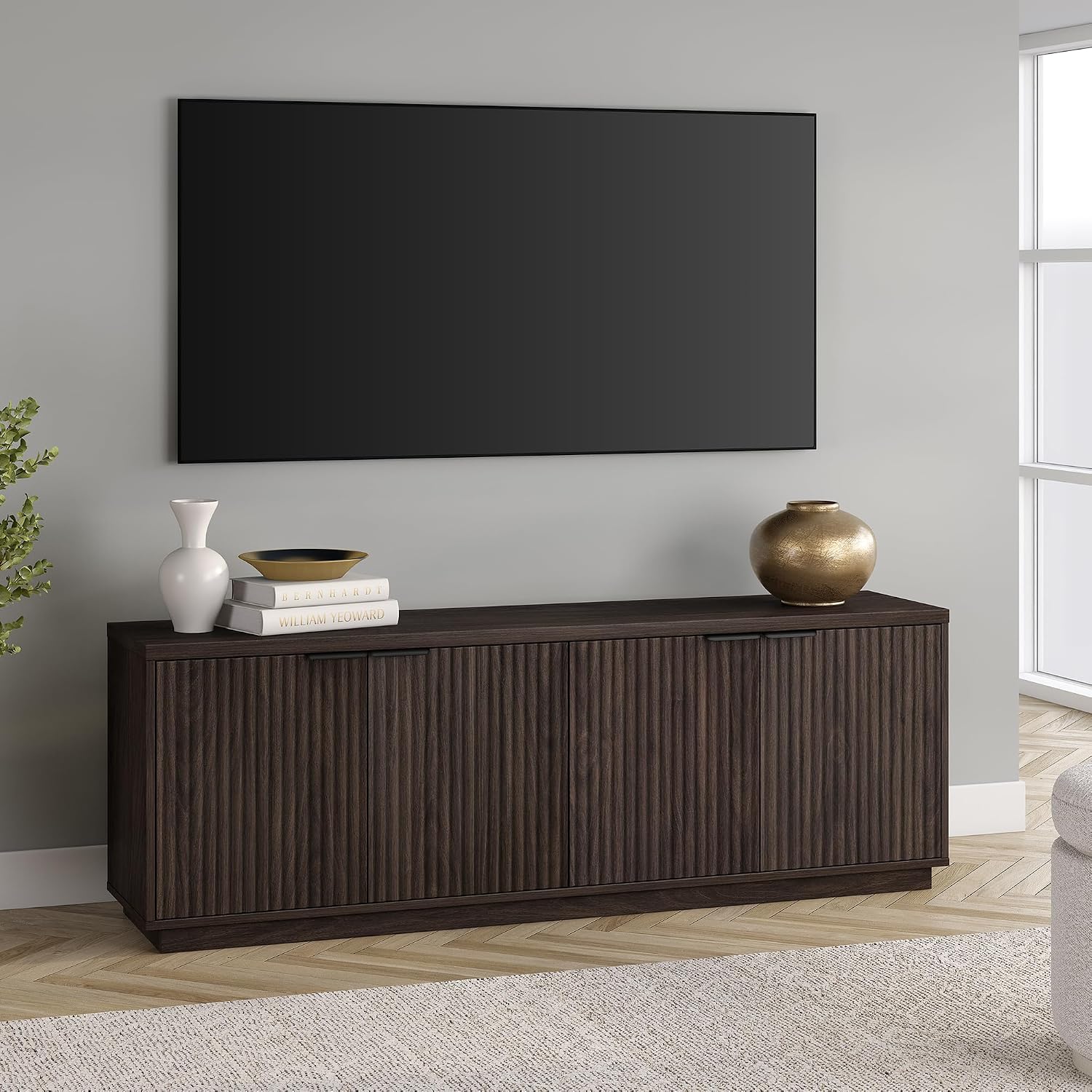 Henn&Hart 70" TV Stand for TVs up to 78", Rich Brown | Elegant ribbed doors, adjustable shelves, and cable cut-outs create stylish, clutter-free storage for any room