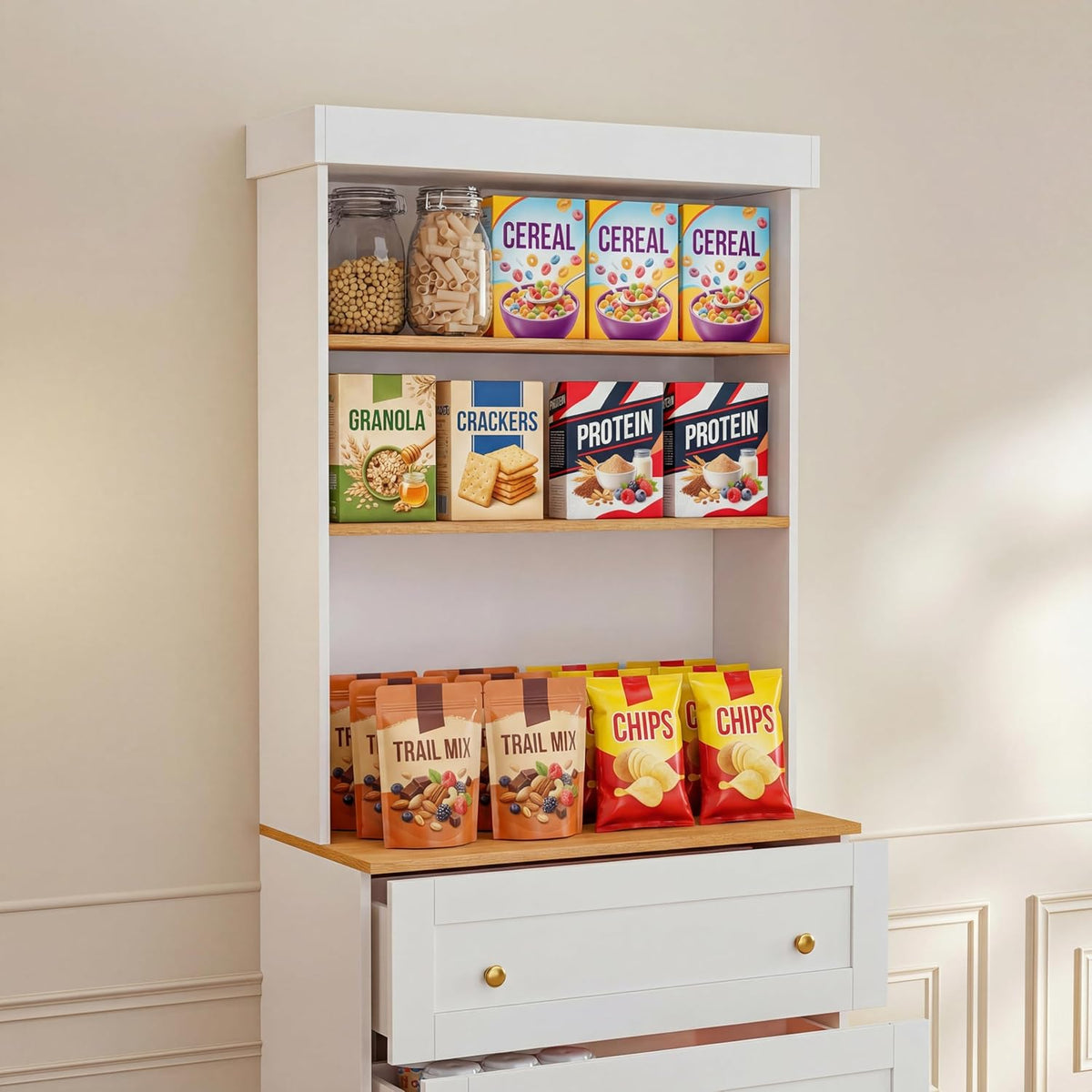 71" White Farmhouse Kitchen Pantry Cabinet Set of 3— Freestanding Coffee Bar with Glass Doors or Drawers, Microwave Stand, Large Storage Hutch with Adjustable Shelves for Kitchen, Living Room