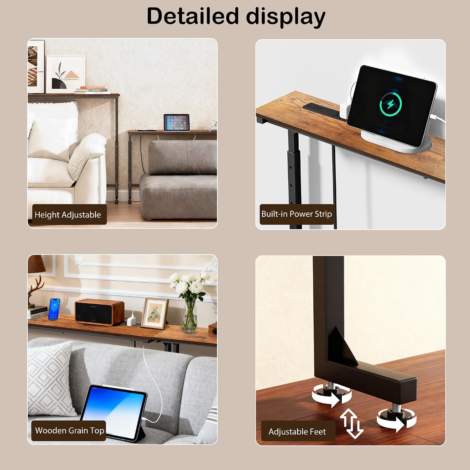 Adjustable Height Narrow Sofa Table with Built-in Power Outlets, 70" Long Console Table Behind Couch Table with Charging Station Skinny Entryway Table for Living Room & Hallway (Rustic Brown)