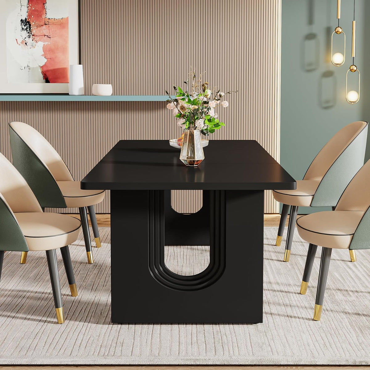 Tribesigns Modern Dining Table for 6 People, 71" Large Kitchen Dining Table with Wood Pedestal Base, Rectangular Long Dinner Table for Kitchen, Dining Room, Living Room, Black