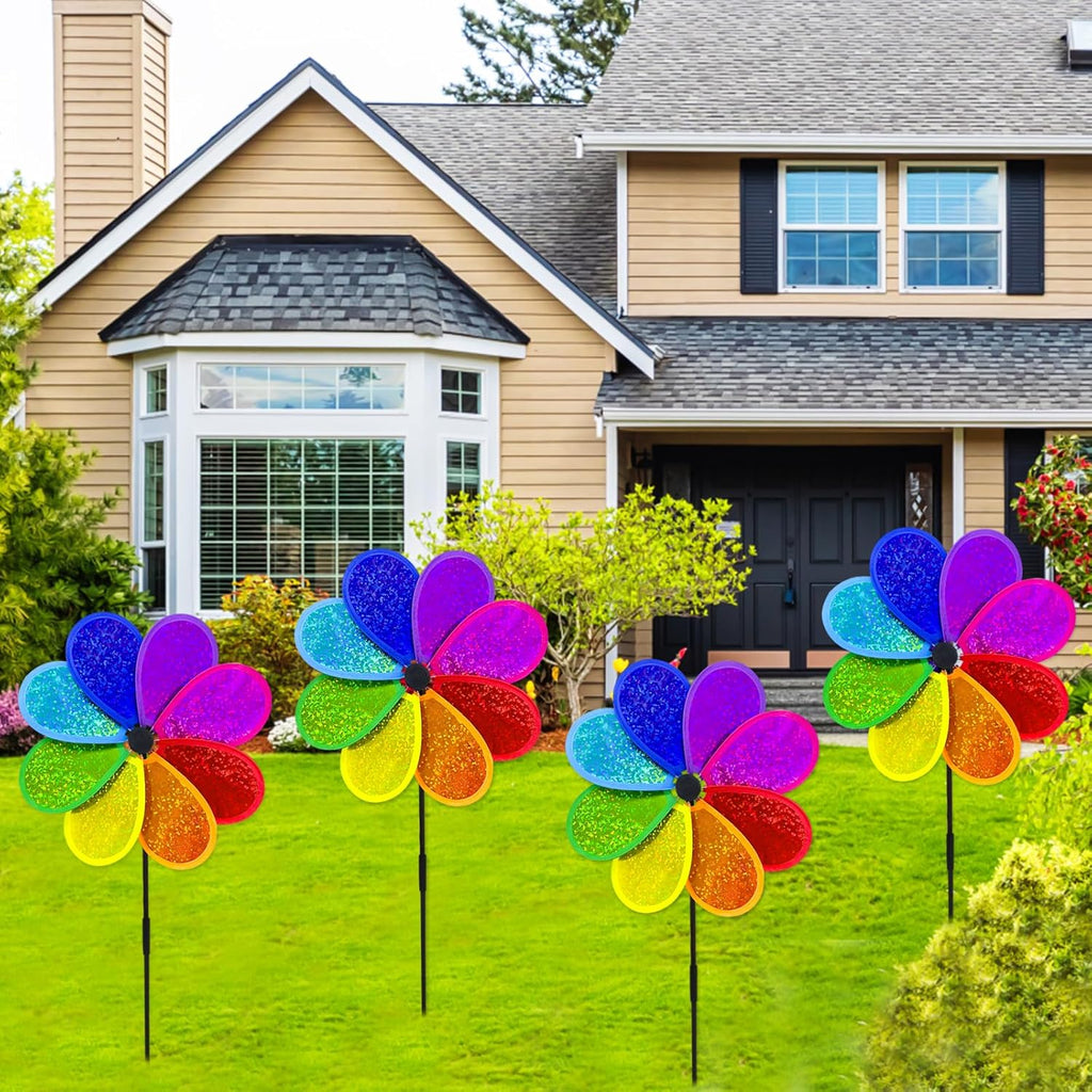4PCS Flower Wind Spinner Sparkly Lawn Pinwheel 11.8 inch Colorful Rainbow Garden Windmill for Garden, Party, Outdoor, Yard Decor