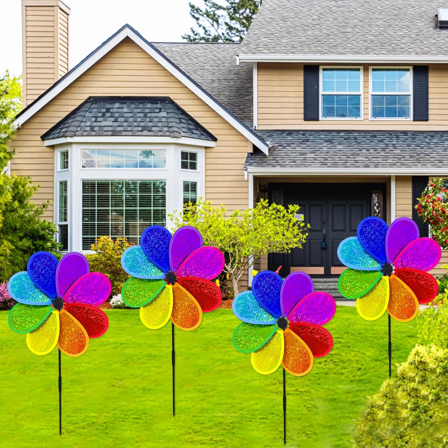 4PCS Flower Wind Spinner Sparkly Lawn Pinwheel 11.8 inch Colorful Rainbow Garden Windmill for Garden, Party, Outdoor, Yard Decor