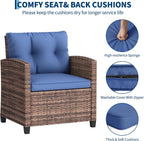 Garvee Outdoor Wicker Chairs,3 Pieces Patio Furniture Set,All Weather High Back Rattan Chairs w/Washable Cushion and Tempered Glass Tabletop for Deck Porch Balcony Backyard Garden,Brown & Blue