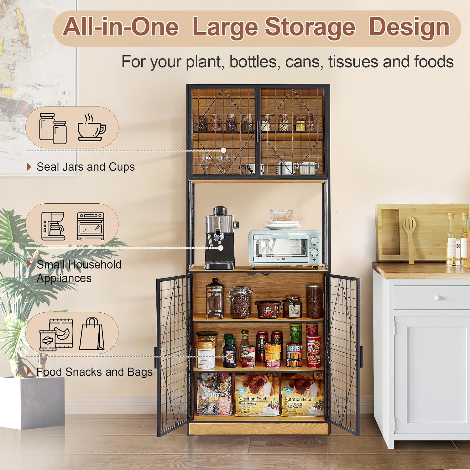 VECELO 72in Tall Kitchen Pantry Cabinet Set of 2 with Doors and Shelves, Large Freestanding Storage Cupboard with Countertop Hutch, Oak