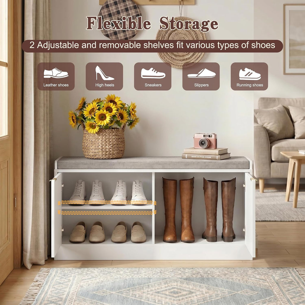 Fluted Shoe Storage Bench with Cushion, 2-Tier Entryway Shoe Bench with Adjustable Shelves, Hidden Shoe Cabinet Bench with 2 Doors for Hallway, Living Room, Bedroom End of Bed,White