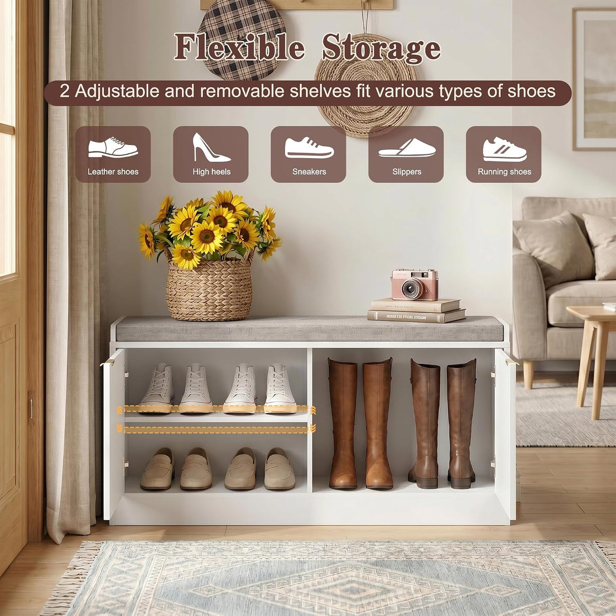 Fluted Shoe Storage Bench with Cushion, 2-Tier Entryway Shoe Bench with Adjustable Shelves, Hidden Shoe Cabinet Bench with 2 Doors for Hallway, Living Room, Bedroom End of Bed,White