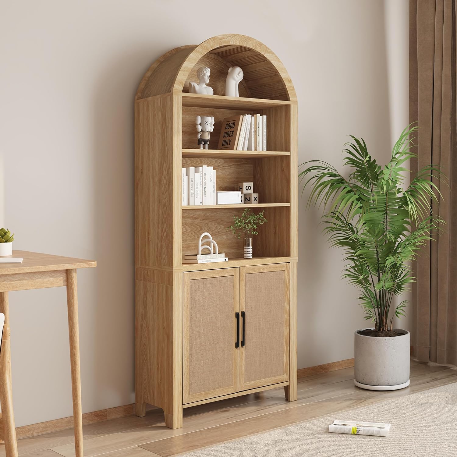 Janmer Home 71" Tall Boho Rattan Arched Bookcase with Doors, Natural