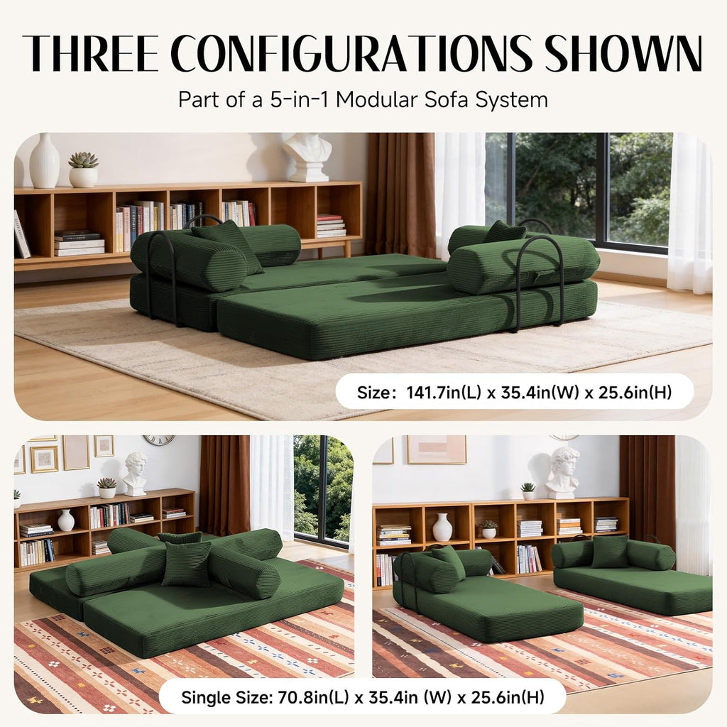 79" Corduroy Sofa Bed, Couch in a Box with 2 Pillows, High-Density Foam 4-in-1 Foldable Sleeper Futon Loveseat for Small Spaces, No Assembly, Side Pockets, Hex Arm Hunter Green