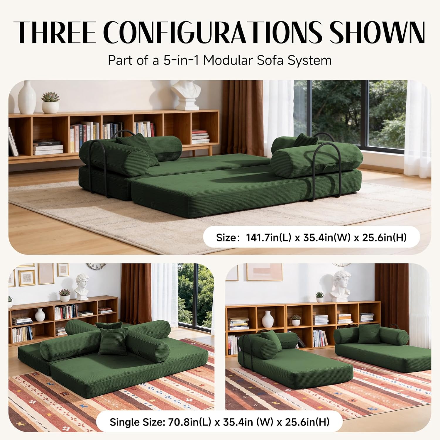79" Corduroy Sofa Bed, Couch in a Box with 2 Pillows, High-Density Foam 4-in-1 Foldable Sleeper Futon Loveseat for Small Spaces, No Assembly, Side Pockets, Hex Arm Hunter Green
