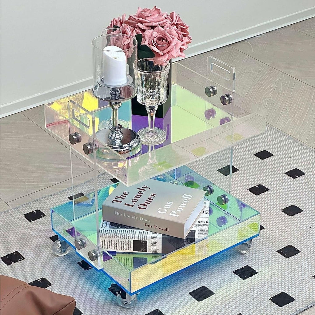 Acrylic End Table with Wheels, 2/3 Tiers Acrylic Bar Cart, Rolling Utility Cart with Handle, Colorful Clear Side Table for Drink, Food, Snack Used in Living Room, Bedroom, Study(16.4''x13.4''x18.9'')